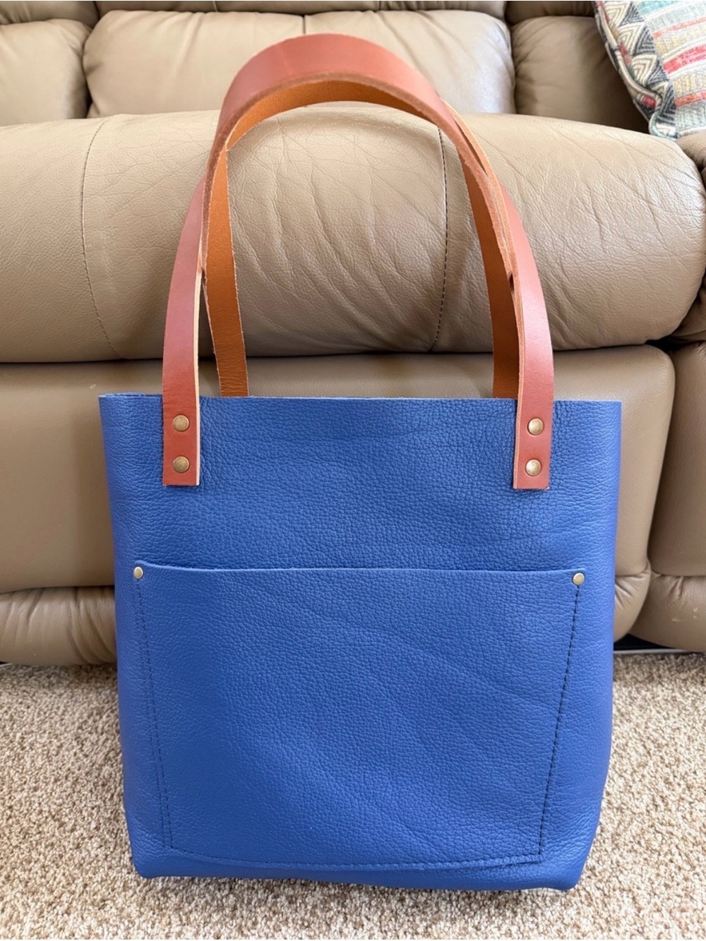 Portland Leather Blue Tote with Tan Handles